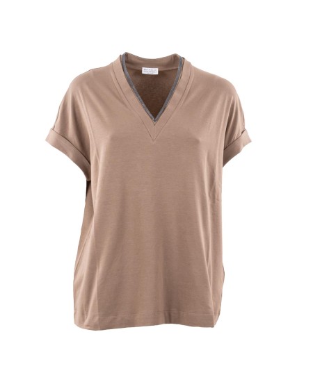 Shop BRUNELLO CUCINELLI  T-shirt: Brunello Cucinelli maglia in cotone.
Scollo a V.
Maniche corte.
Orlo dritto.
Scollo impreziosito con monile.
Composizione: cotone 93%, elastan 7%.
Made in Italy.. M0T18BD222-C8705